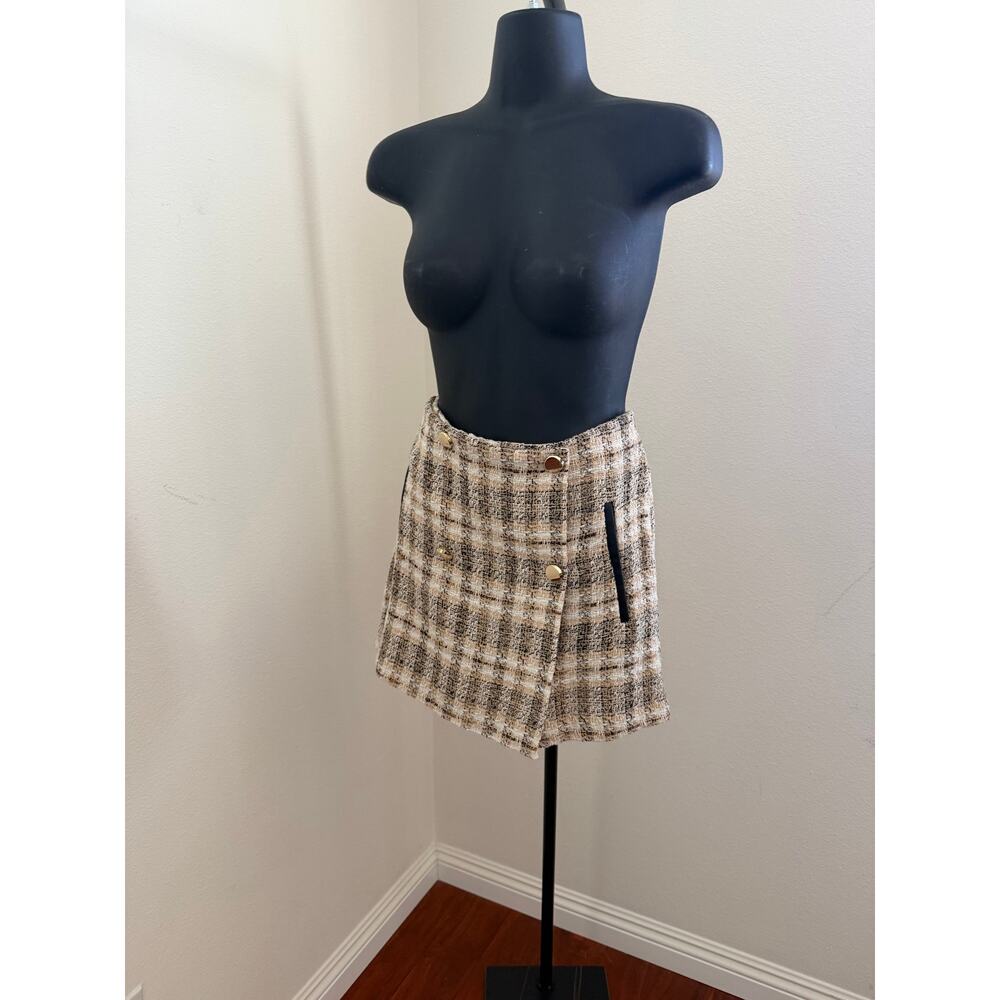Zara Tweed Plaid Blazer + Skort Set NWOT Size S Beige Black Pockets - Picture 7 of 10